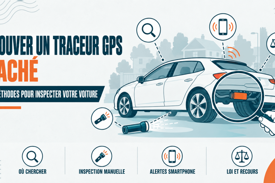 Illustration à droite : une voiture générique vue de profil en line-art, posée sur une bande de sol teal pâle, avec en arrière-plan la silhouette gris clair d'une rue résidentielle. Une grande loupe tenue par une main sans personnage visible survole le passage de roue arrière et révèle un petit traceur rectangulaire orange fixé sous le châssis. Une lampe torche posée au sol éclaire le dessous de caisse avec un faisceau en pointillés. Un smartphone à l'écran vide, relié au traceur par des arcs en pointillés, flotte au-dessus du coffre. Aucune plaque d'immatriculation lisible, aucun texte dans l'illustration, aucune marque de voiture reconnaissable.