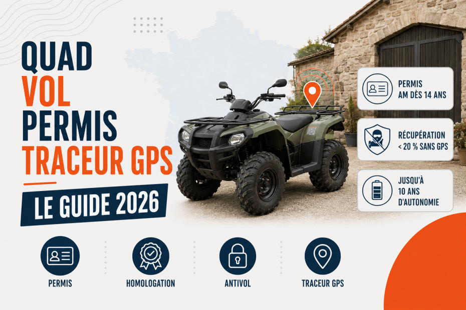 Infographie TRAKmy montrant un quad utilitaire devant une grange avec un point de géolocalisation GPS, présentant le permis AM dès 14 ans, la récupération des quads volés et un traceur GPS autonome jusqu'à 10 ans.