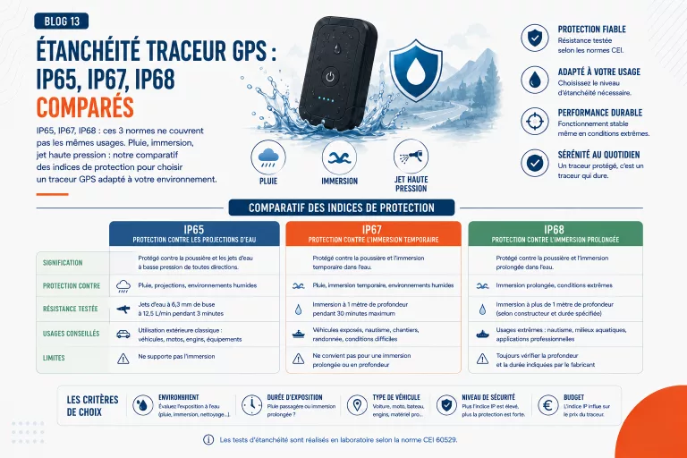Étanchéité traceur GPS : IP65, IP67, IP68 comparés