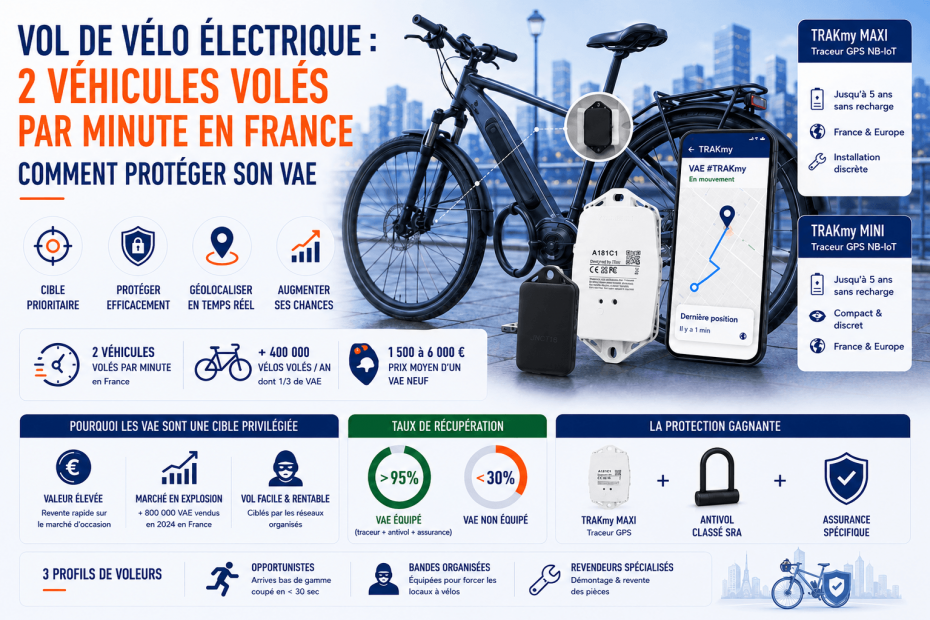 Infographie montrant un vélo électrique équipé d'un traceur GPS TRAKmy, une application de géolocalisation en temps réel et les principales statistiques sur le vol de VAE en France.
