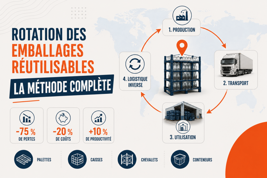 Rotation des emballages réutilisables : cycle complet des palettes, caisses et chevalets entre usine, transport et retour