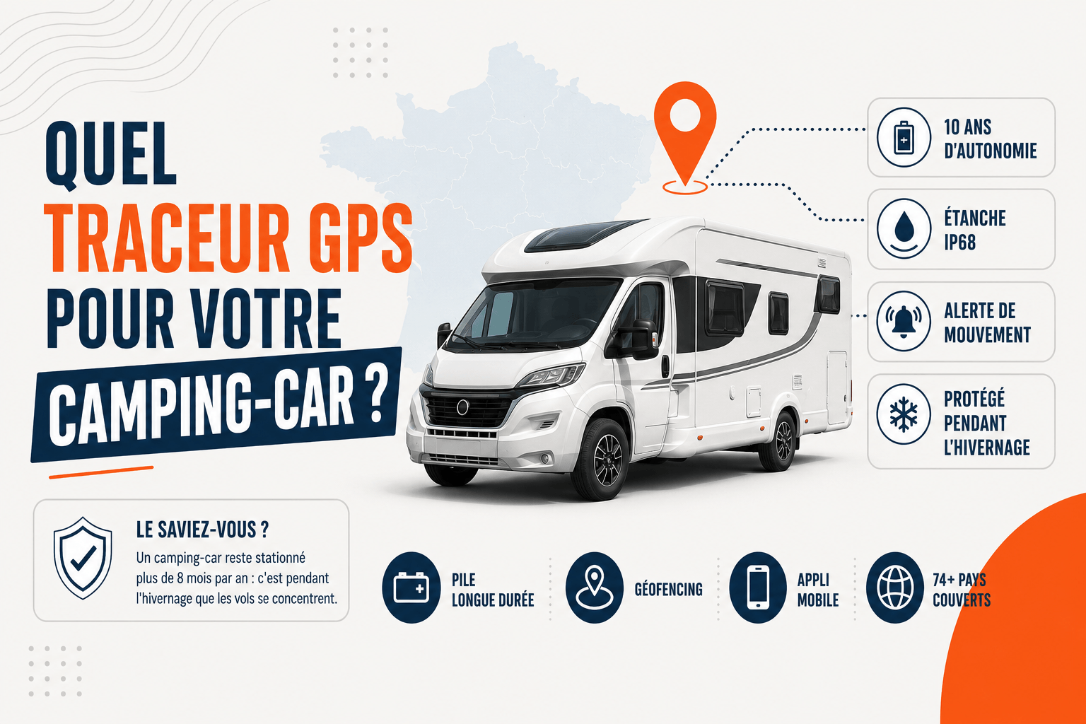 Traceur GPS camping-car : autonomie 10 ans, étanchéité IP68 et alertes de mouvement pendant l'hivernage