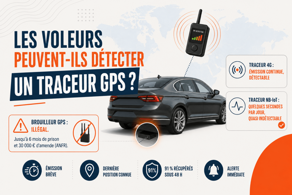 Voleurs et détection de traceur GPS : émission continue 4G détectable, émission brève NB-IoT quasi indétectable