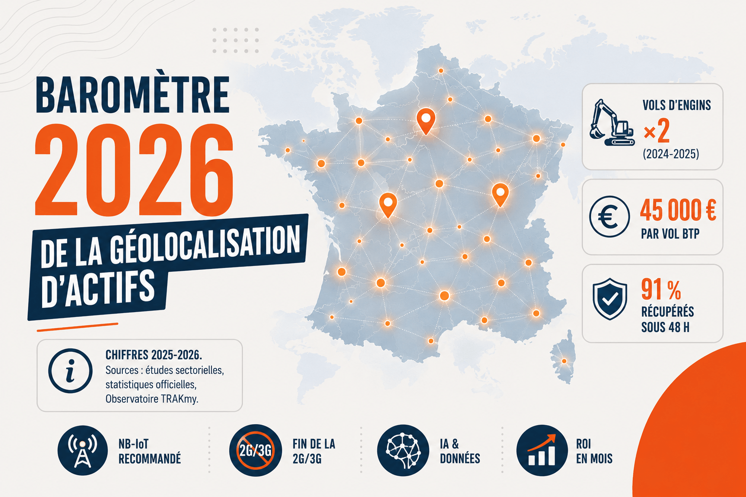 Baromètre 2026 de la géolocalisation d'actifs en France : vols d'engins doublés, 45 000 € par vol, 91 % récupérés sous 48 h