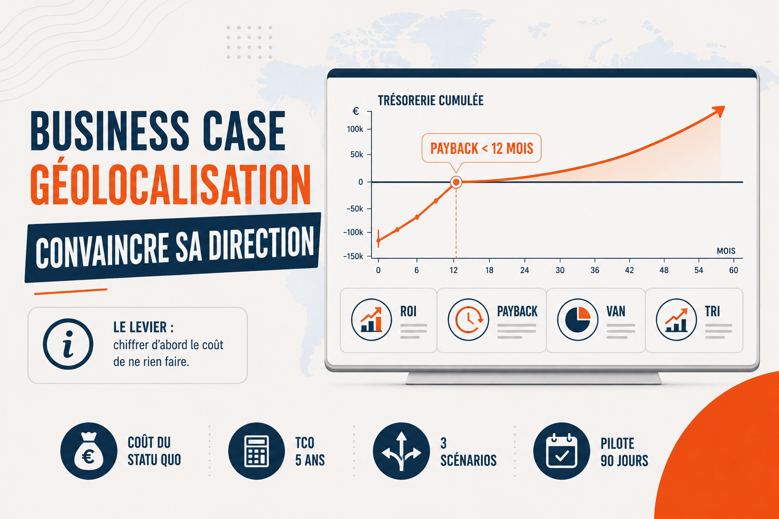 Business case géolocalisation : courbe de trésorerie, ROI, payback, VAN et TRI pour convaincre un comité de direction