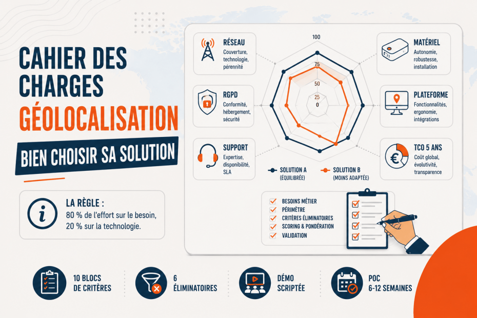 Cahier des charges géolocalisation : grille de notation pondérée, radar de comparaison et critères éliminatoires