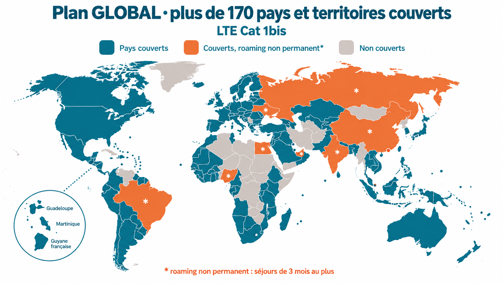 Carte de couverture du plan GLOBAL TRAKmy en LTE Cat 1bis : plus de 170 pays et territoires