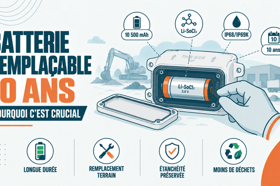 Batterie remplaçable Li-SoCl₂ traceur GPS TRAKmy — jusqu'à 10 ans d'autonomie, IP68/IP69K, remplacement terrain sans outil