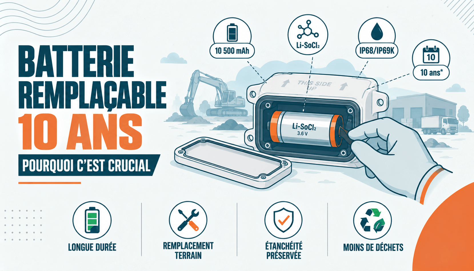 Batterie remplaçable Li-SoCl₂ traceur GPS TRAKmy — jusqu'à 10 ans d'autonomie, IP68/IP69K, remplacement terrain sans outil