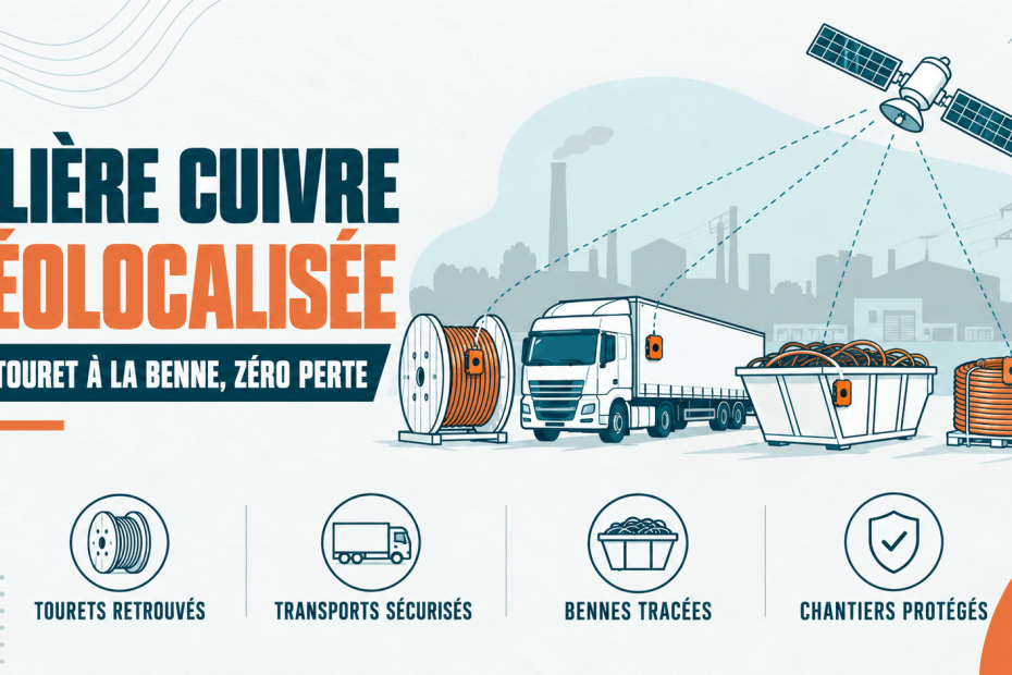 Illustration de la filière cuivre géolocalisée contre le vol de cuivre : touret, camion, benne et bobine équipés de traceurs GPS.